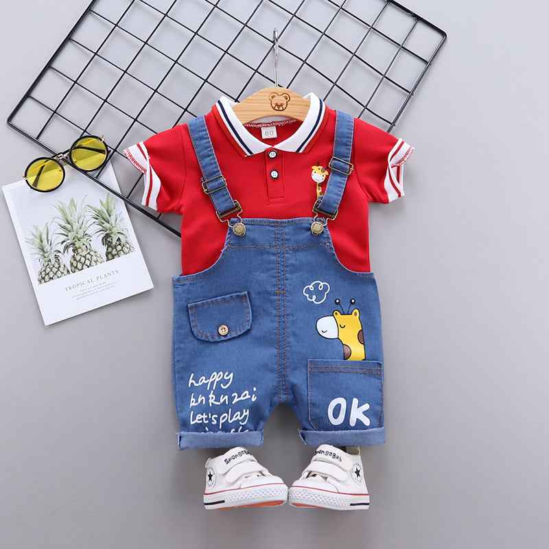 Red Polo Shirt with Denim Dungaree Short Set