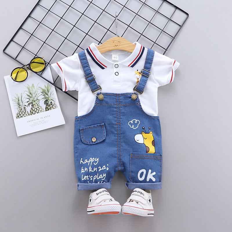 White Polo Shirt with Denim Dungaree Short Set