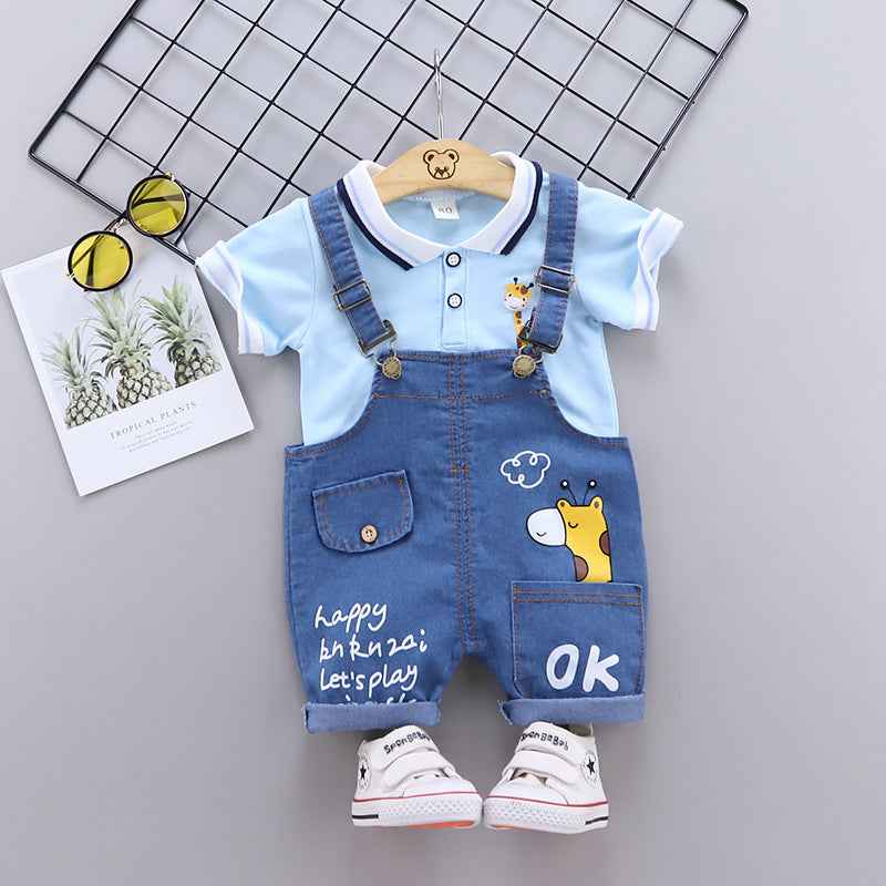 Light Blue Polo Shirt with Denim Dungaree Short Set