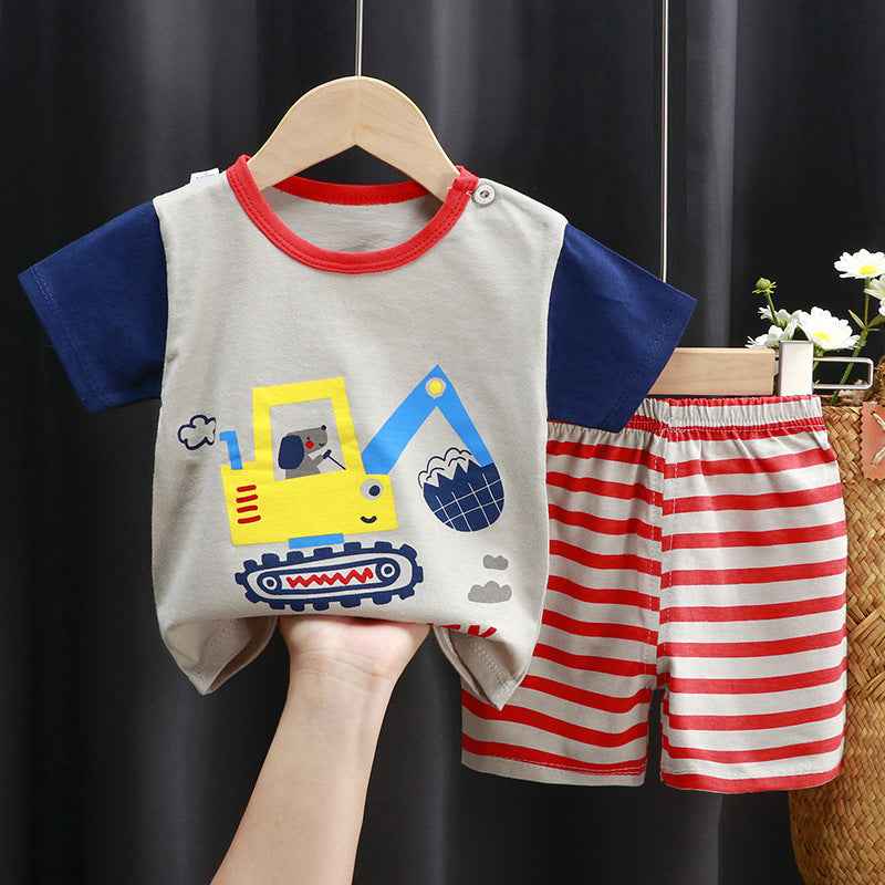 Blue Red T-Shirt & Short Pants Set for Summer Character Cartoon Print Short Sleeves