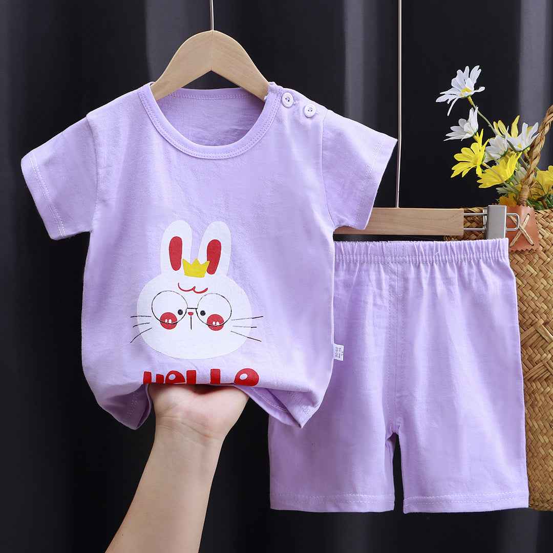 Purple T-Shirt & Short Pants Set for Summer Character Cartoon Print Short Sleeves