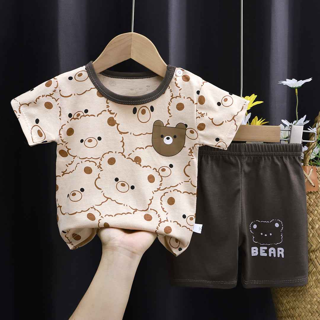Beige Brown T-Shirt & Short Pants Set for Summer Character Cartoon Print Short Sleeves