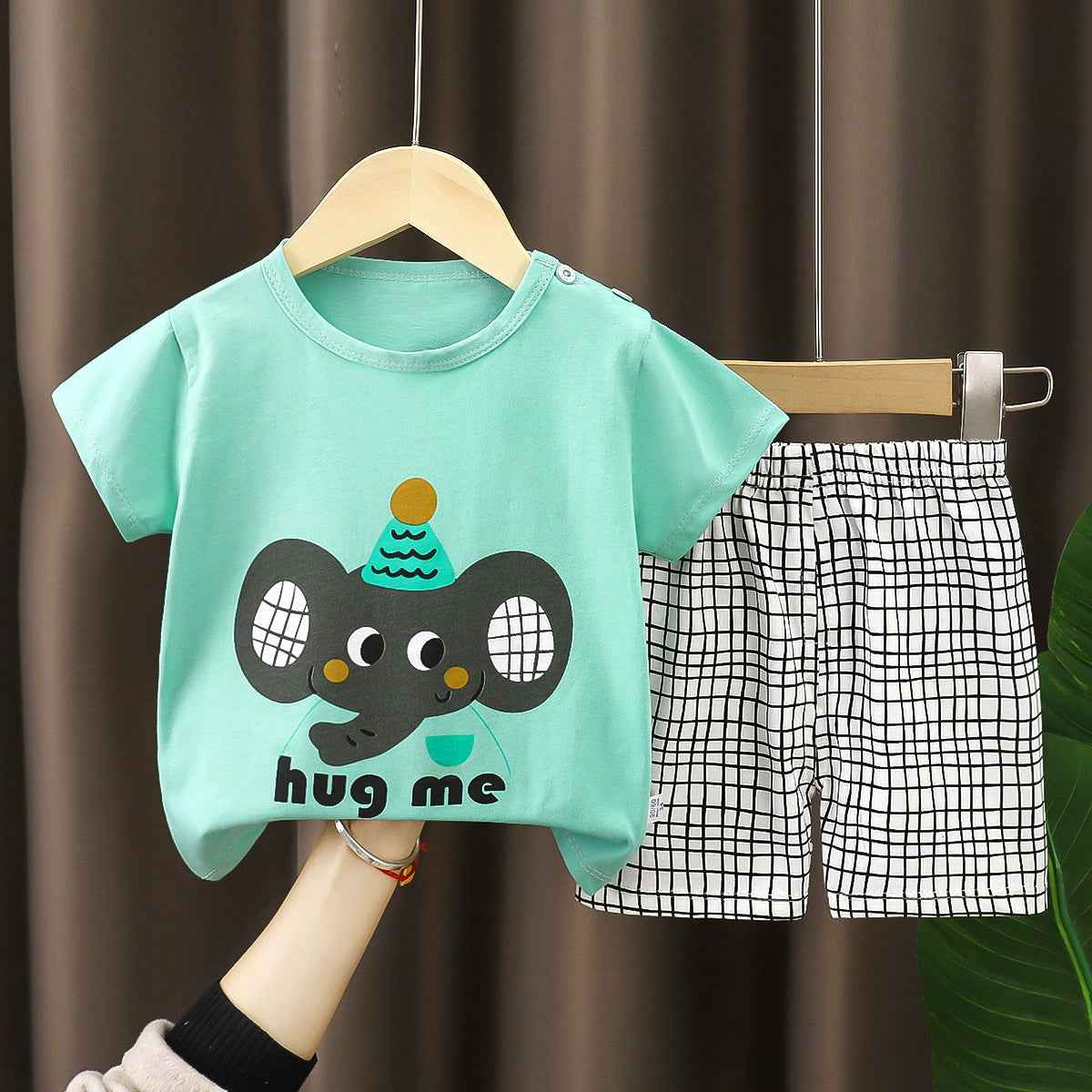 Green Grey T-Shirt & Short Pants Set for Summer Character Cartoon Print Short Sleeves