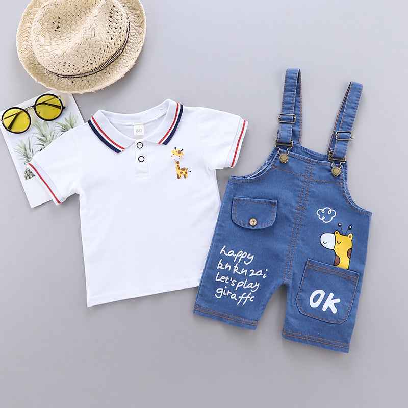 White Polo Shirt with Denim Dungaree Short Set
