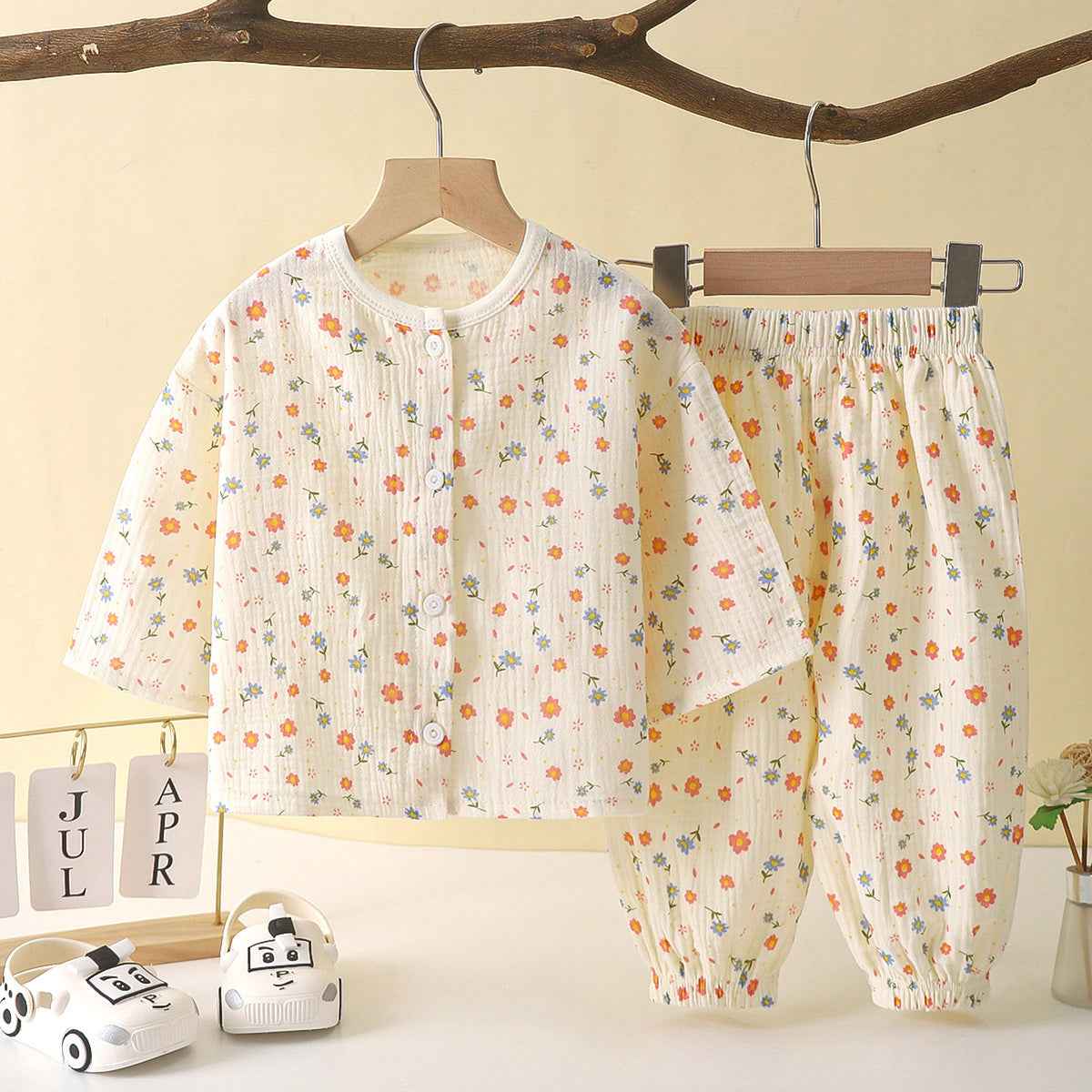 Winter Floral Print Beige Shirt and Pajama Set