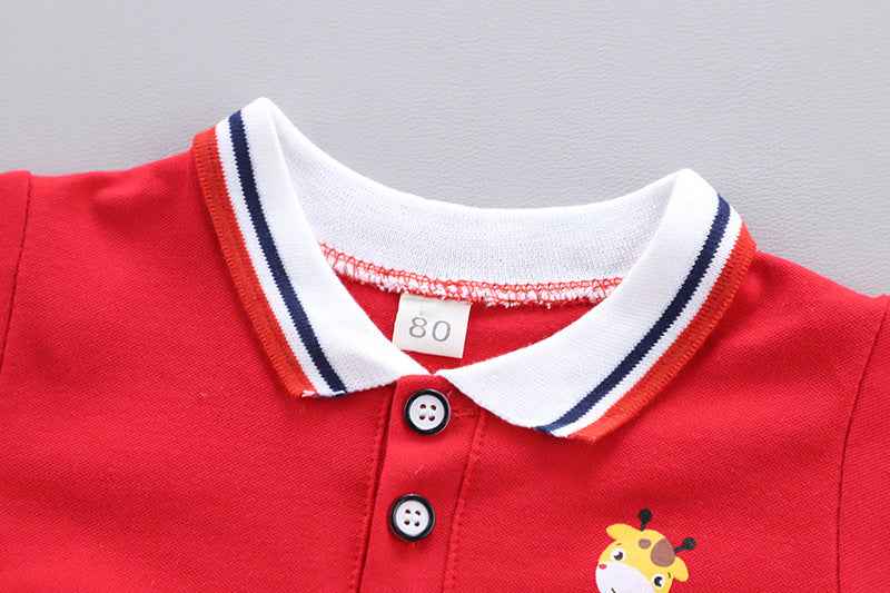 Red Polo Shirt with Denim Dungaree Short Set