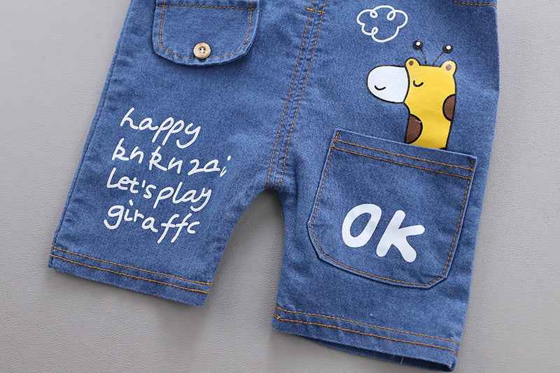 Light Blue Polo Shirt with Denim Dungaree Short Set