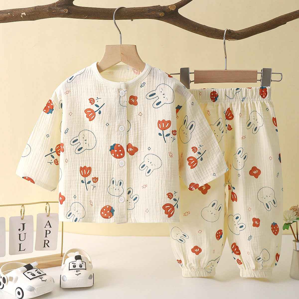 Winter Strawberry Flower and Cartoon Print Beige Shirt and Pajama Set