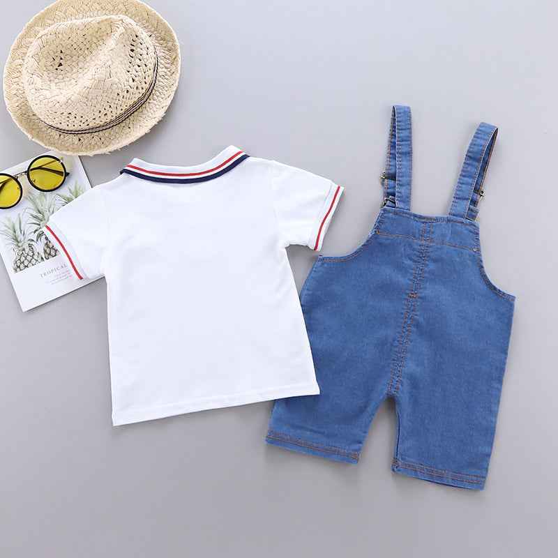 White Polo Shirt with Denim Dungaree Short Set