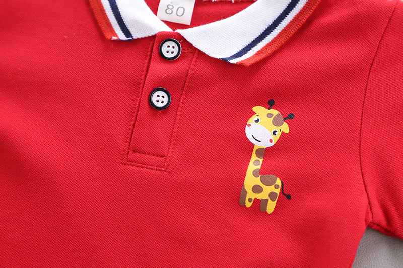 Red Polo Shirt with Denim Dungaree Short Set