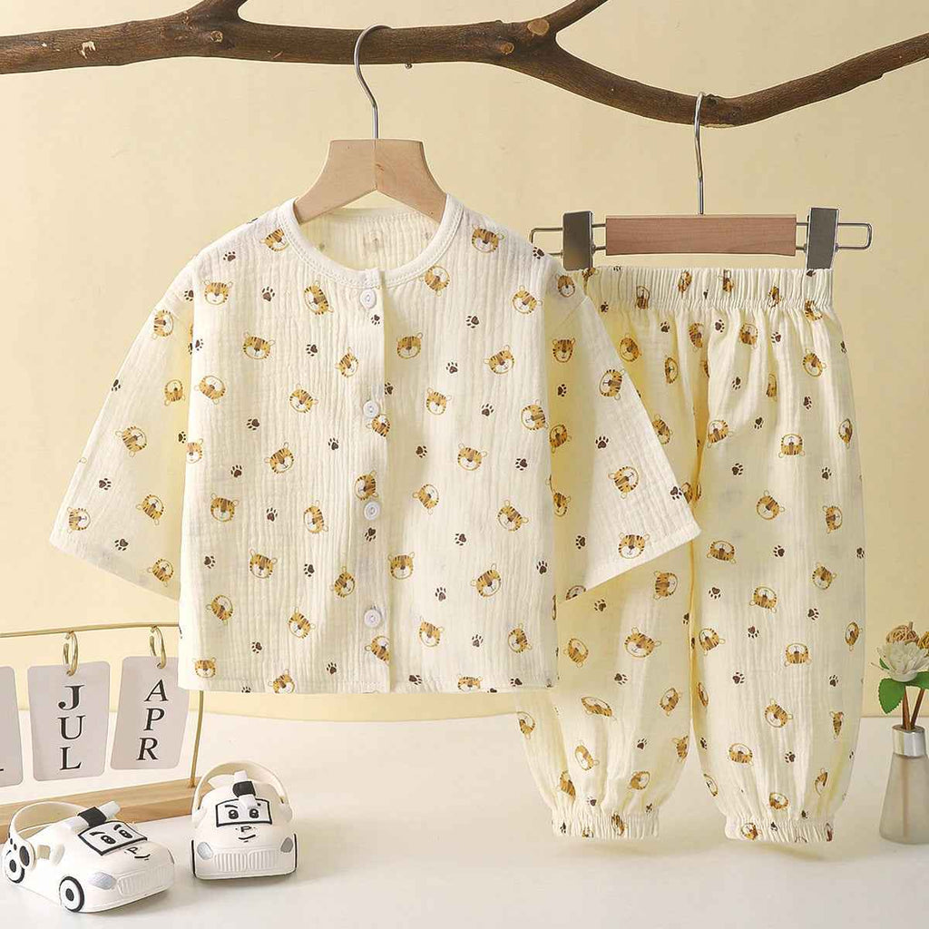 Winter Cartoon Print Beige Shirt and Pajama Set
