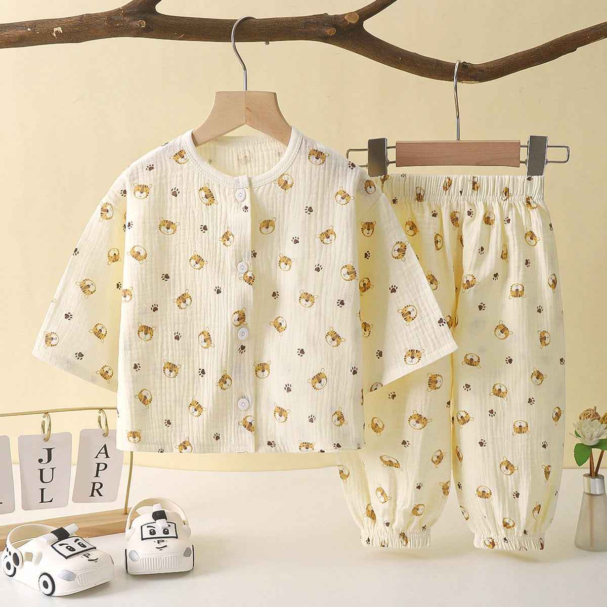 Winter Cartoon Print Beige Shirt and Pajama Set