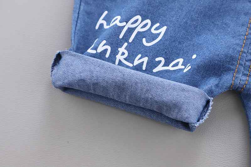 Light Blue Polo Shirt with Denim Dungaree Short Set