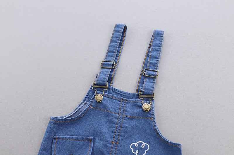 Black n Beige Stripes T-Shirt with Denim Dungaree Short Set