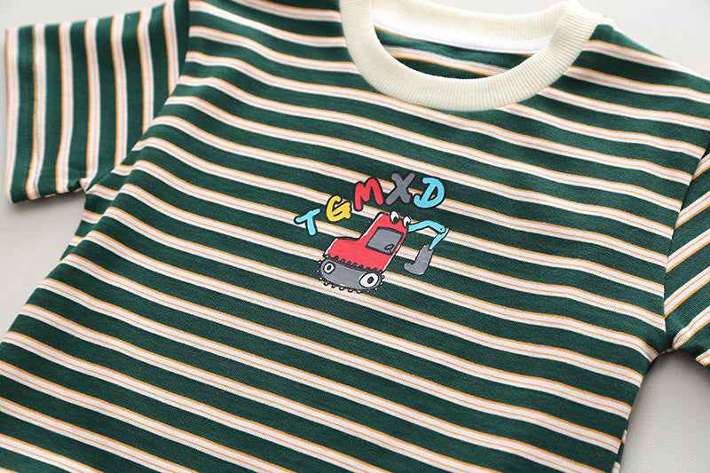 Black n Beige Stripes T-Shirt with Denim Dungaree Short Set