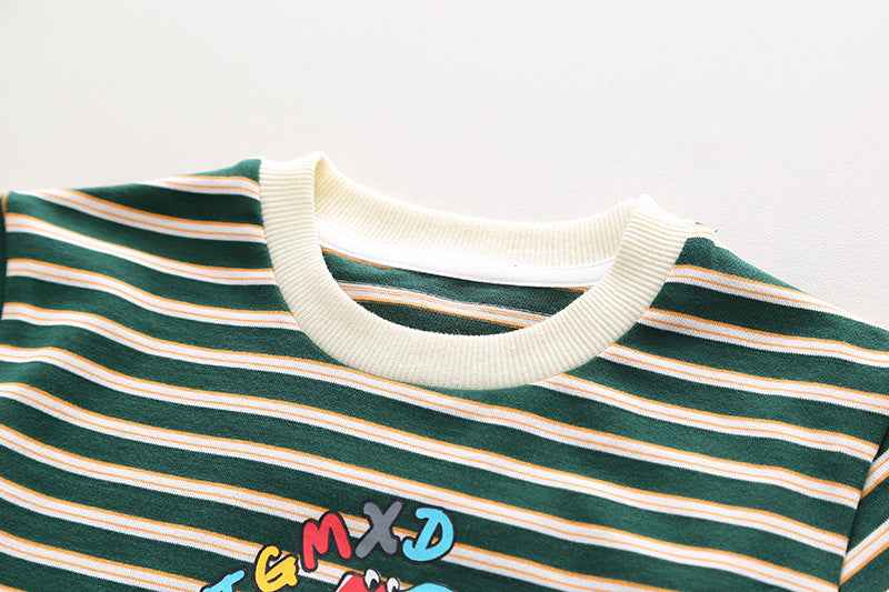 Black n Beige Stripes T-Shirt with Denim Dungaree Short Set