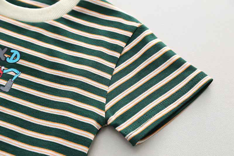 Black n Beige Stripes T-Shirt with Denim Dungaree Short Set