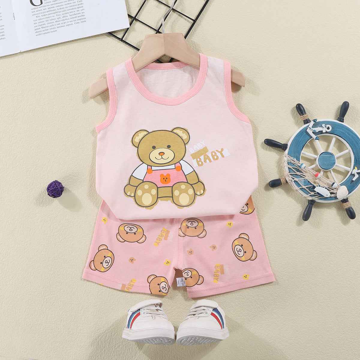 Bear Print Pink Sando & Short Pants Set