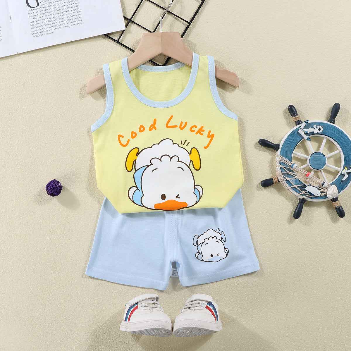 Yellow Sando & Light Blue Short Pants Set Cartoon Print