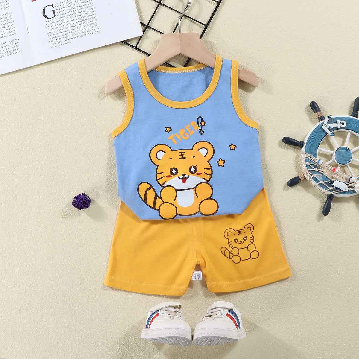 Tiger Print Blue Sando & Orange Short Pants Set