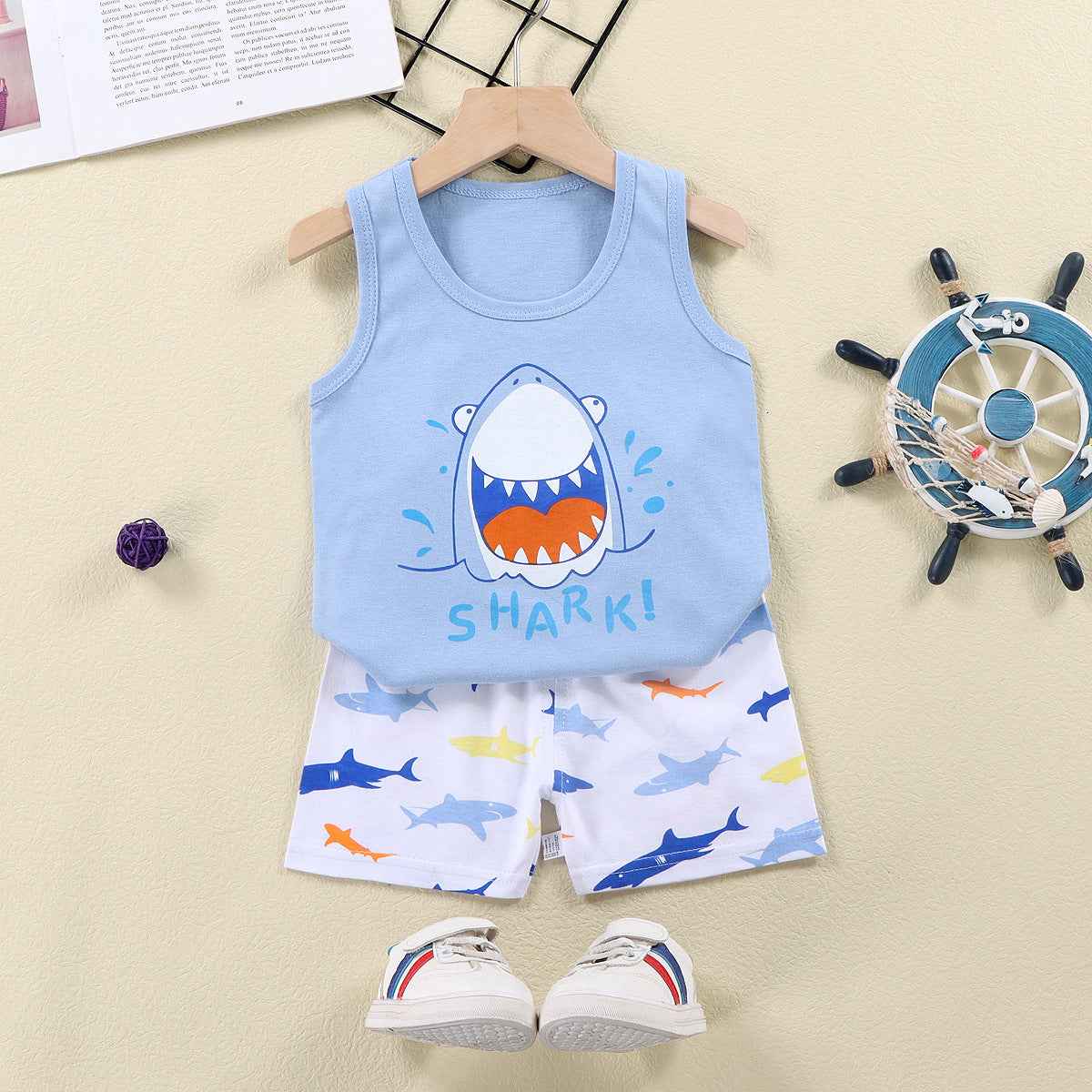Light Blue Sando & Short Pants Set Cartoon Print