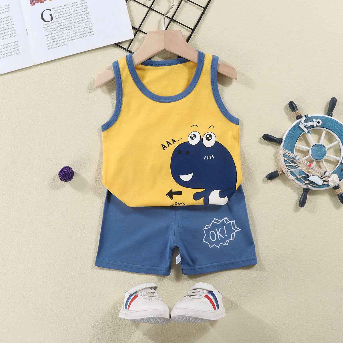 Dino Print Yellow Sando & Blue Short Pants Set