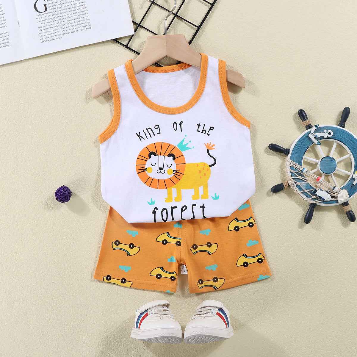 Lion Print White Sando & Orange Short Pants Set