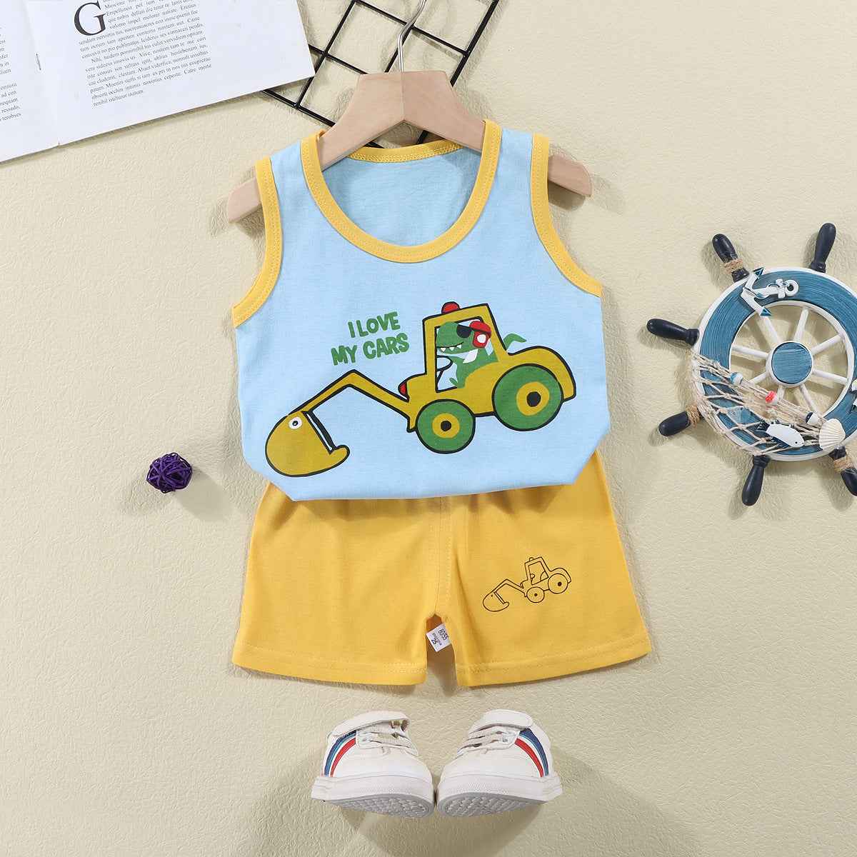 Light Blue Sando & Yellow Short Pants Set Cartoon Print