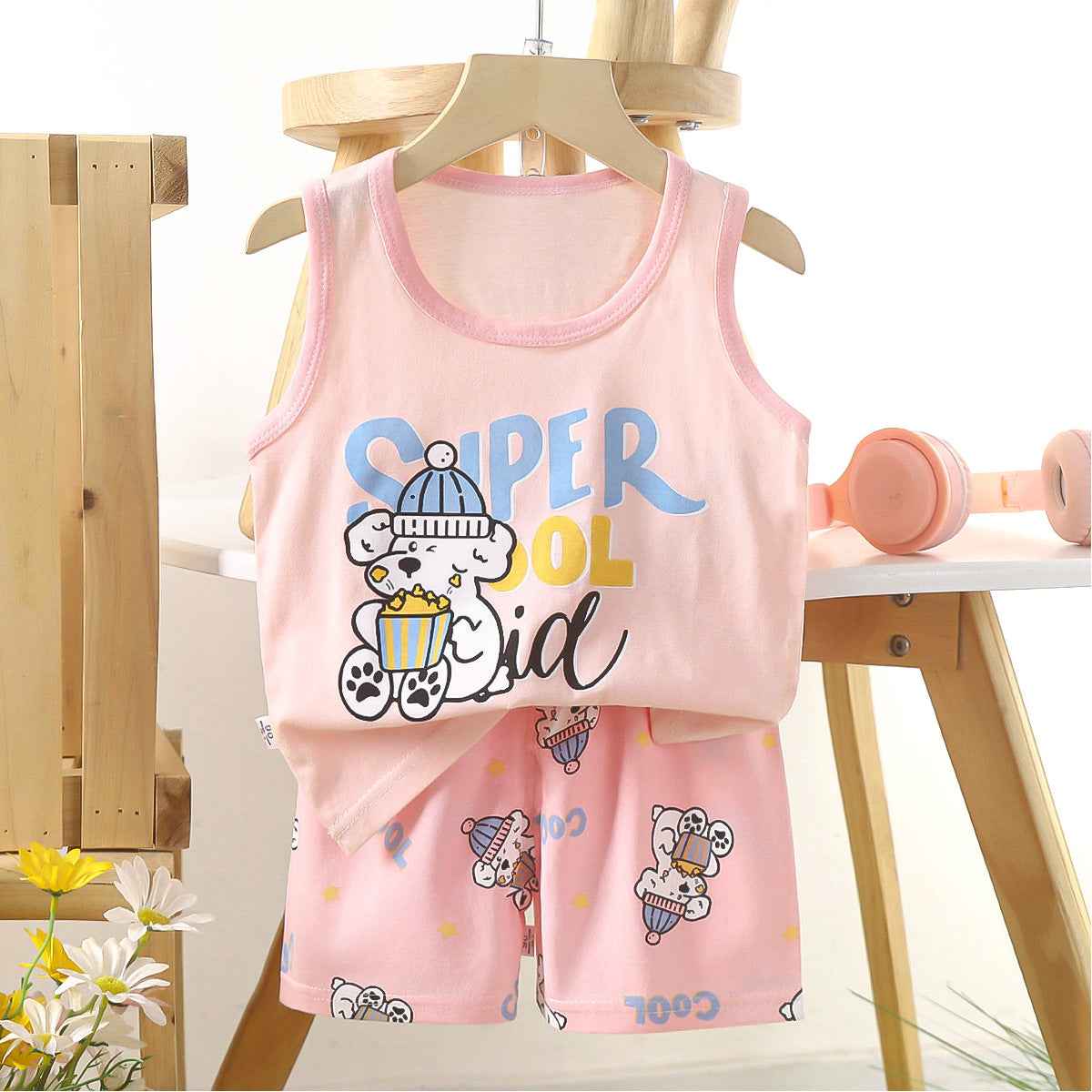 Pink Sando & Short Pants Set Cartoon Print