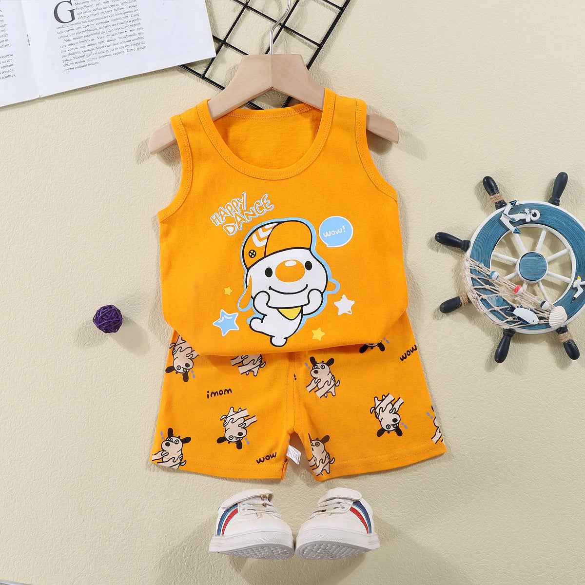 Orange Sando & Short Pants Set Cartoon Print