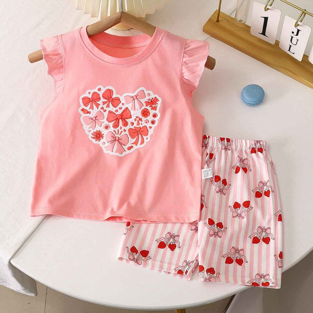 Pink Big Heart Print Pleated Fly Sleeves Top and Shorts Set
