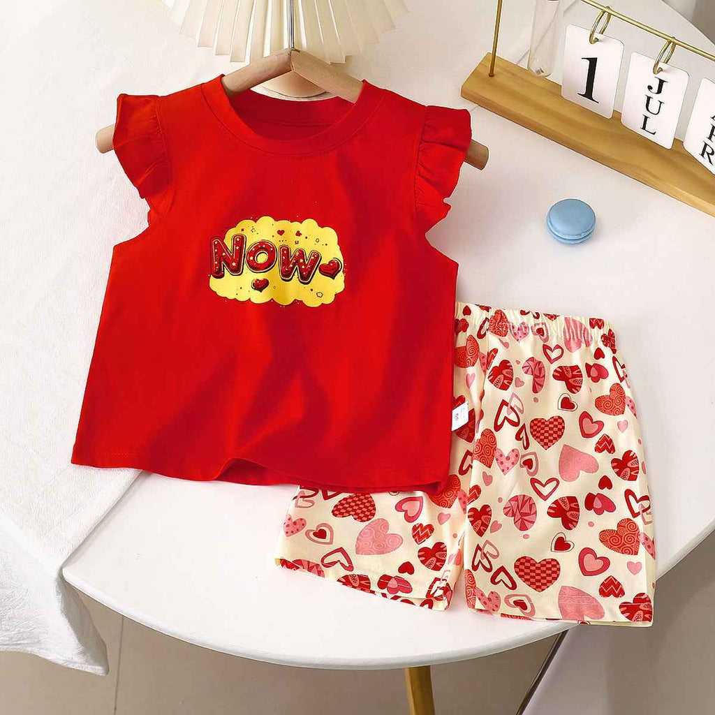 Red Now Print Pleated Fly Sleeves Top and Shorts Set