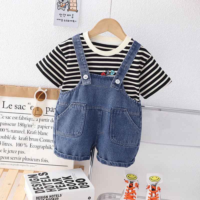 Black n Beige Stripes T-Shirt with Denim Dungaree Short Set