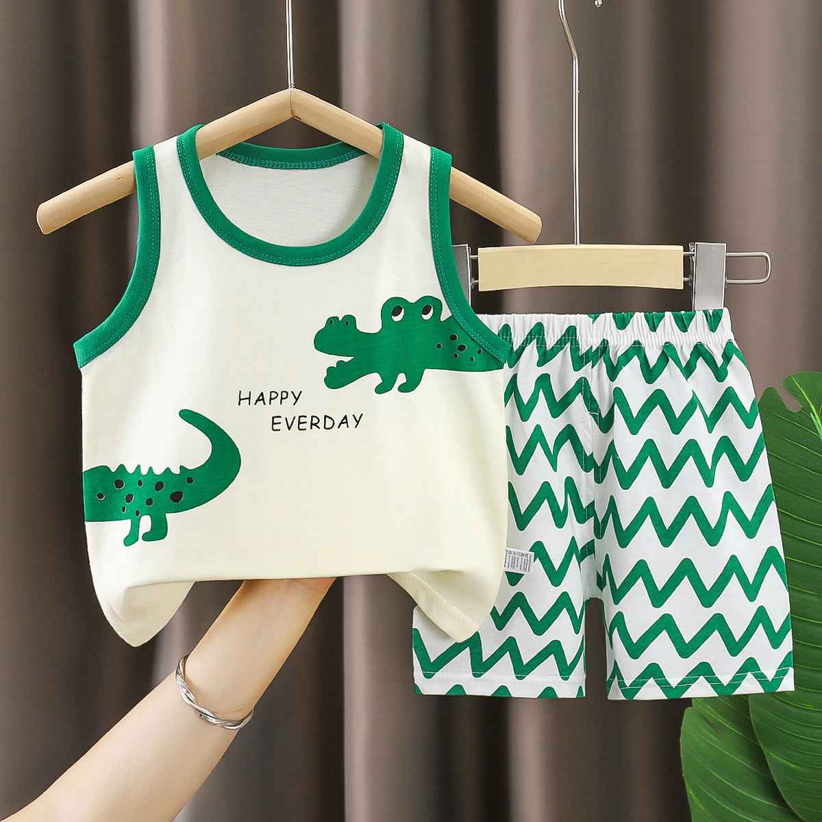 Beige Sando & Green Wave Short Pants Set Cartoon Print