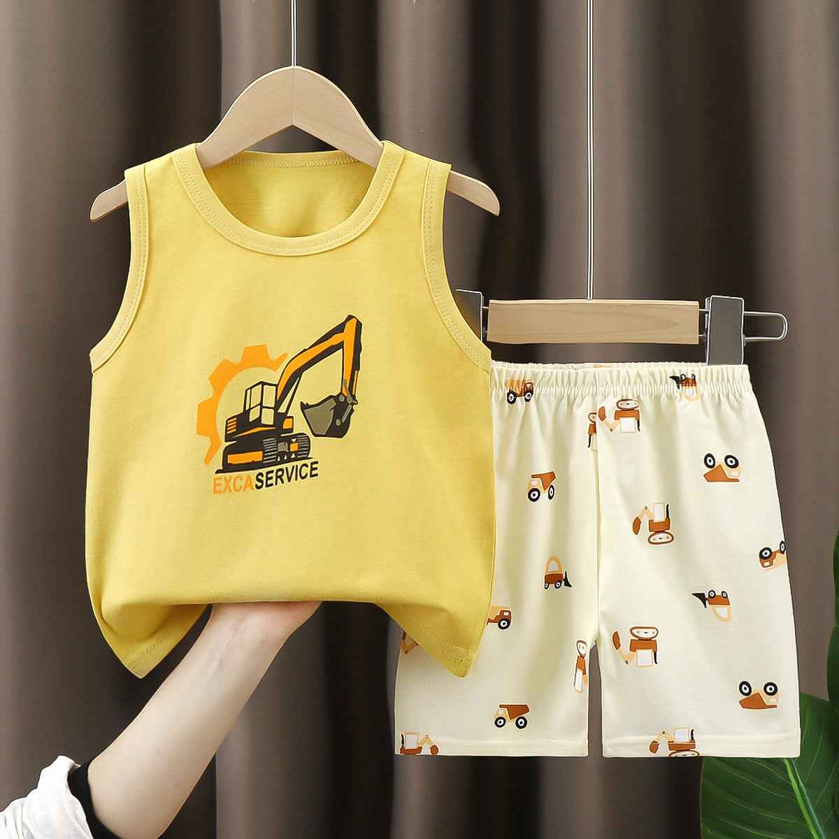 Yellow Sando & Beige Short Pants Set Cartoon Print