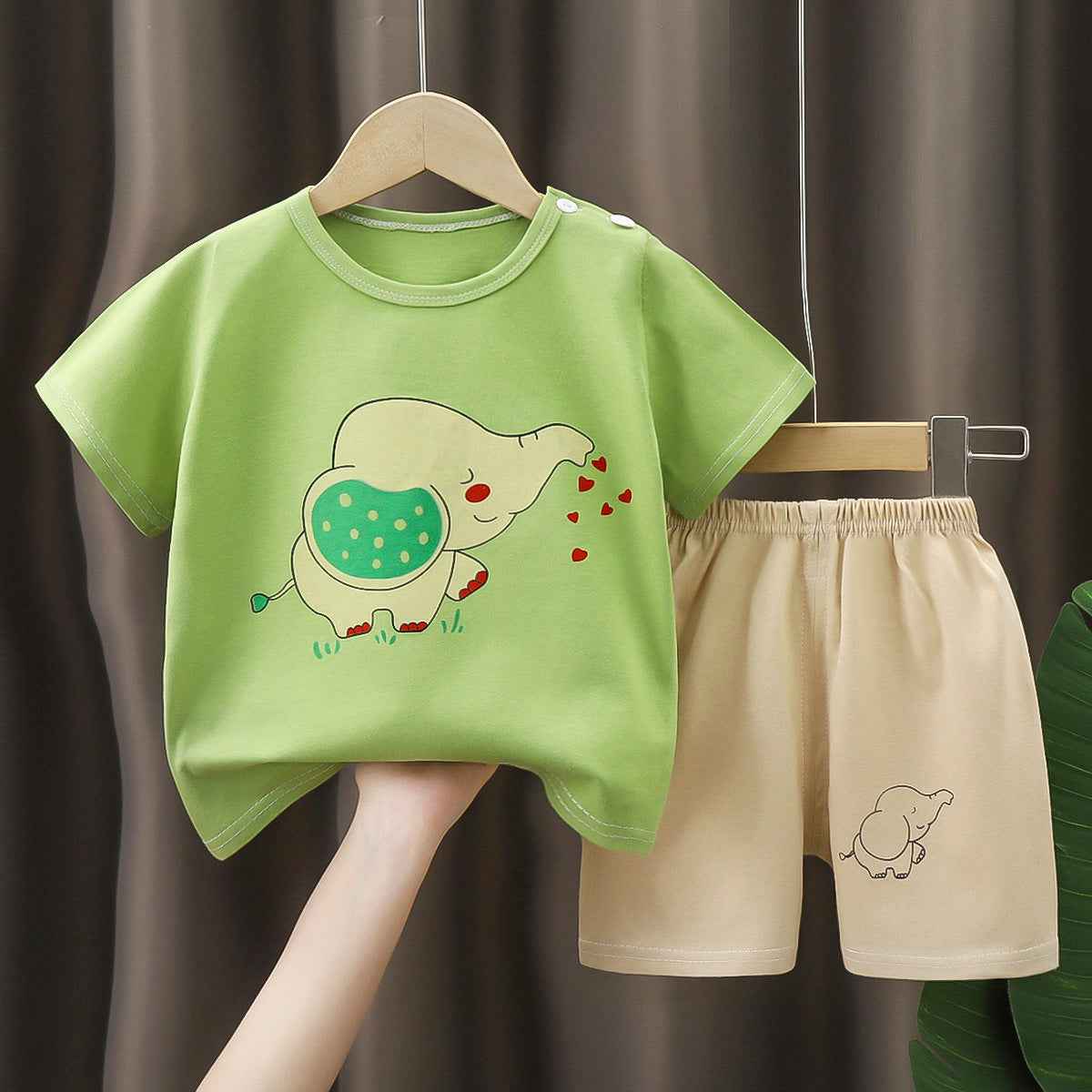 Green Beige T-Shirt & Short Pants Set for Summer Character Cartoon Print Short Sleeves