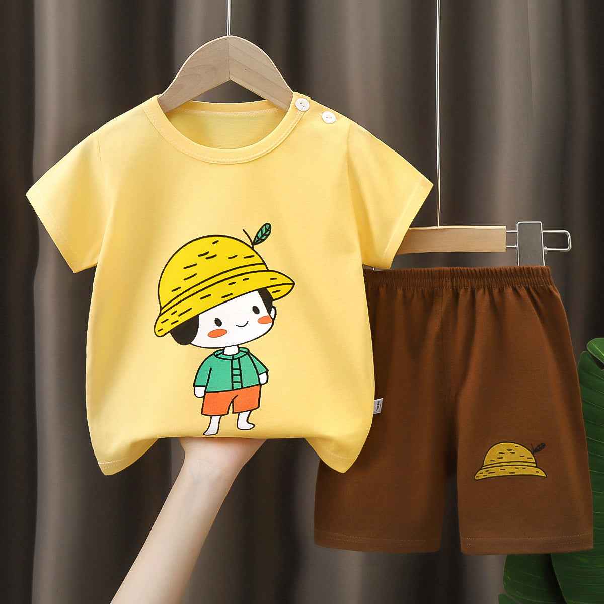 Yellow Brown T-Shirt & Short Pants Set for Summer Character Cartoon Print Short Sleeves