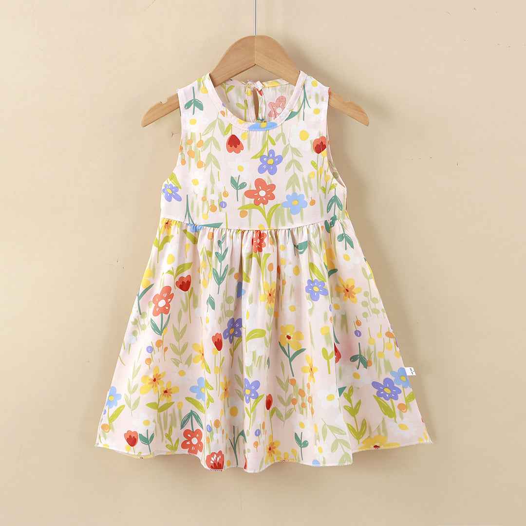 Cream Base Floral Sleeveless Frock