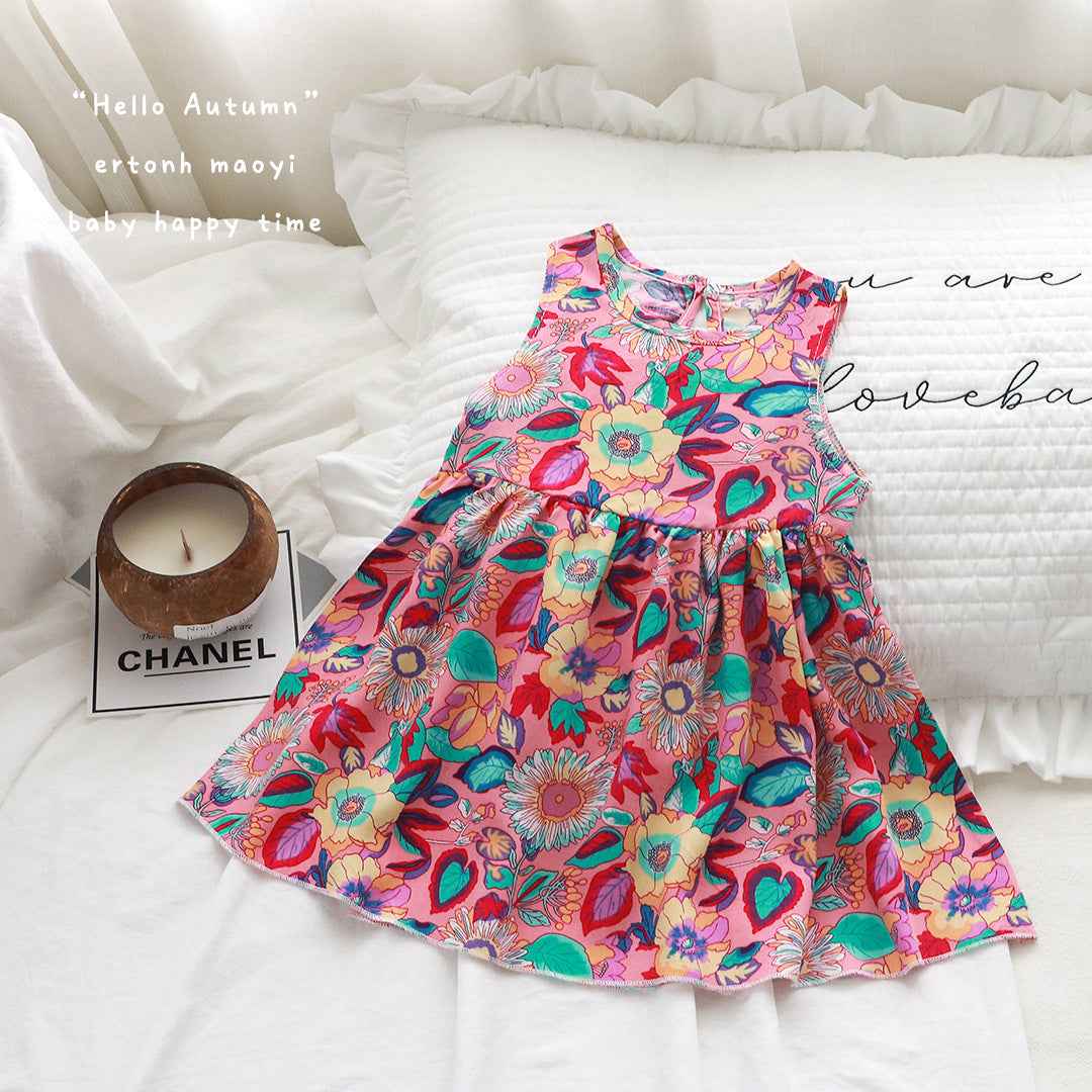 Pink Base Floral Sleeveless Frock