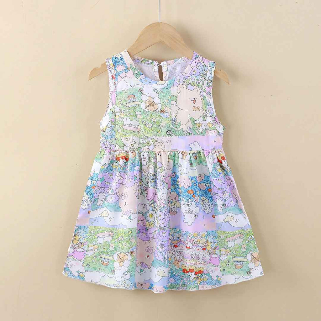 Light Purple Base Floral Sleeveless Frock