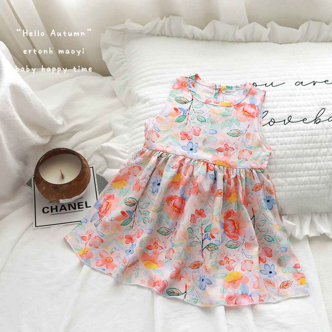 Light Pink Base Floral Sleeveless Frock