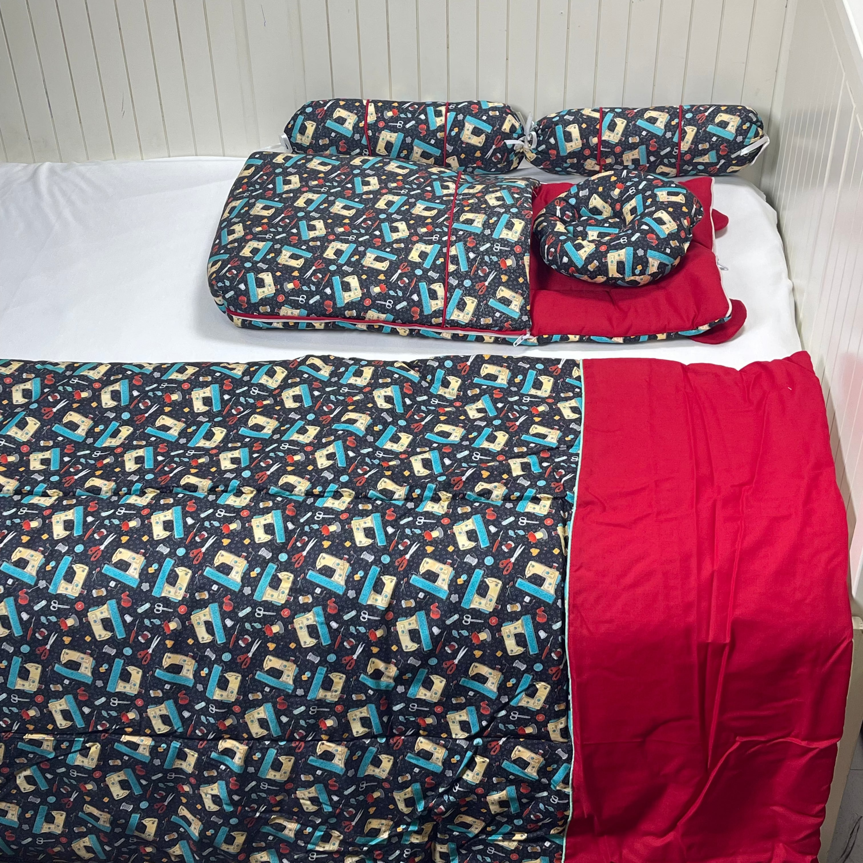 Dark Grey and Red Sewing Items Design Bed Set 5Pcs