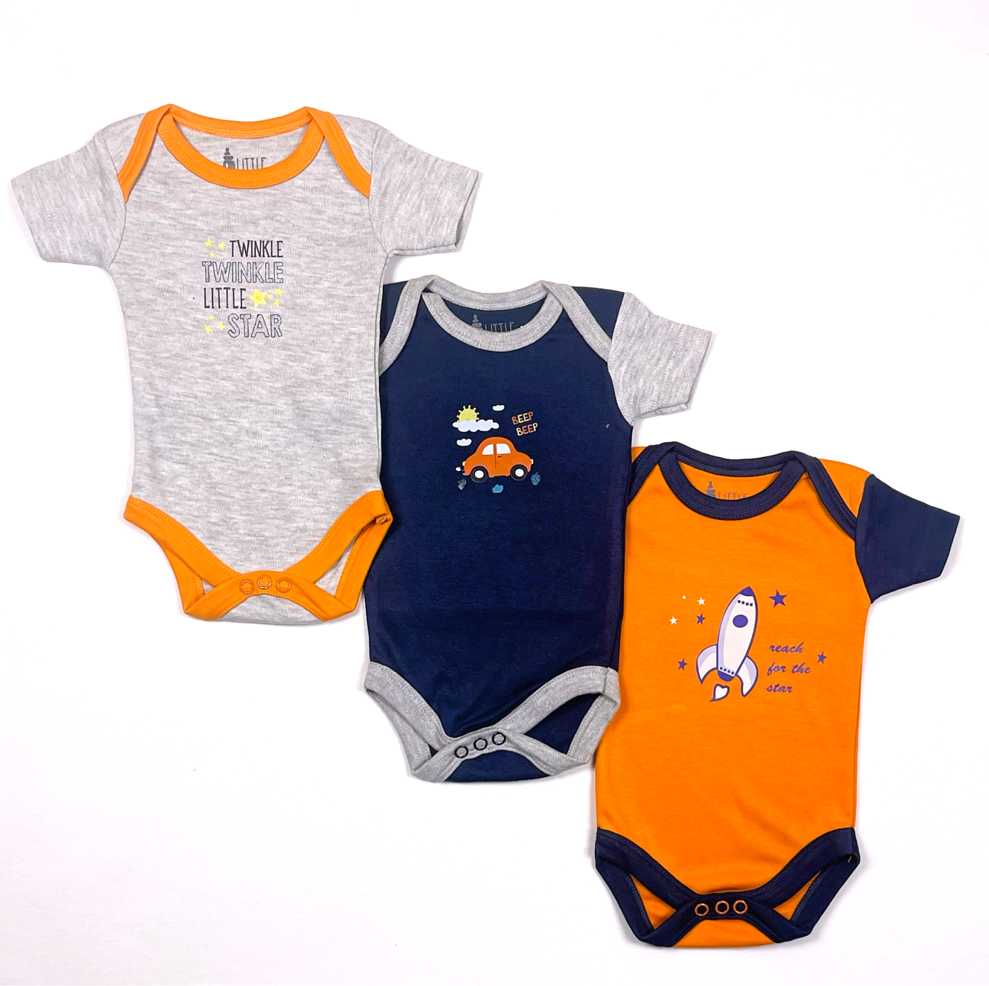 Little Star Theme Blue and Orange Bodysuits Short Sleeves 3 Pcs Pack