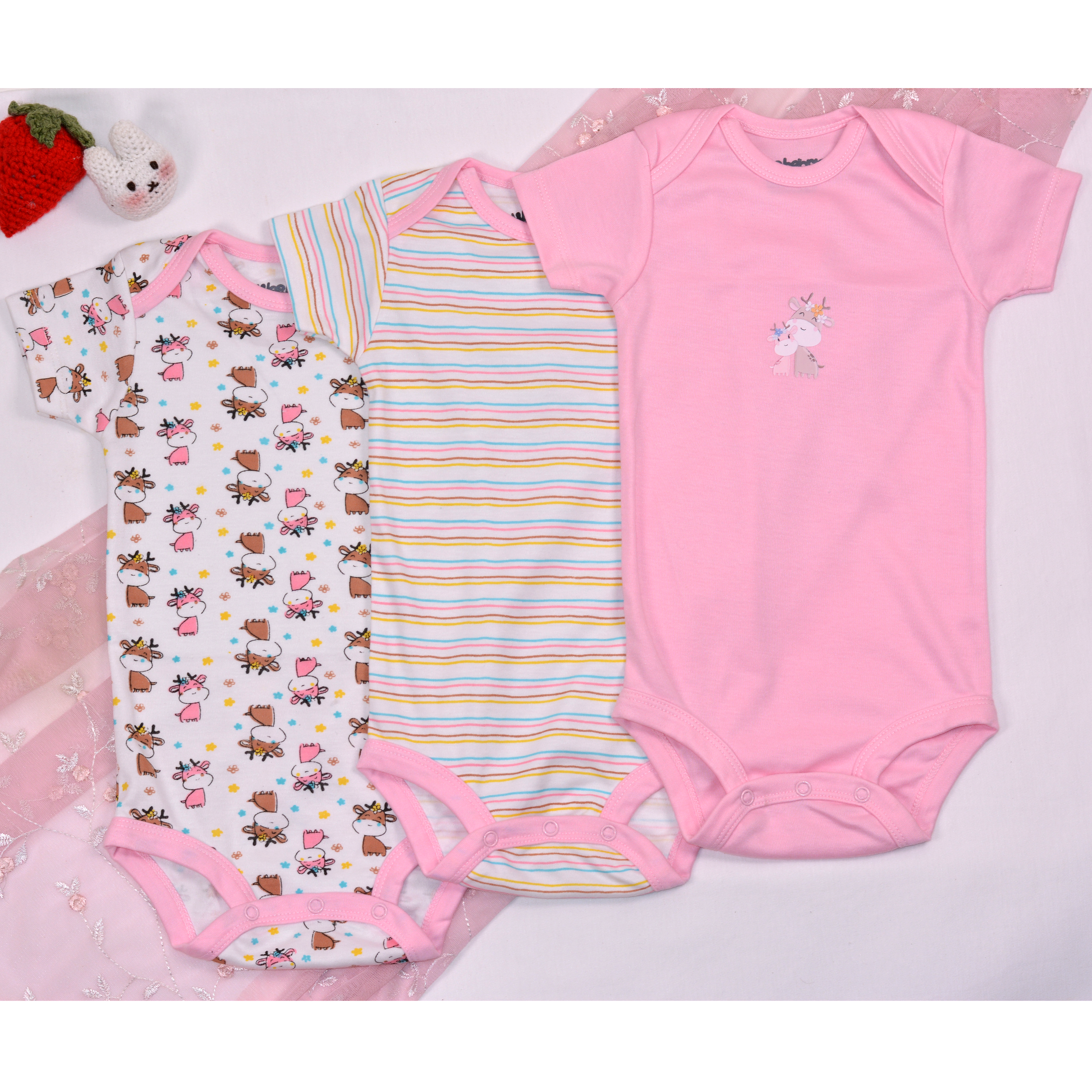 Reindeer Mama and Baby Theme Bodysuits Short Sleeves 3 Pcs Pack