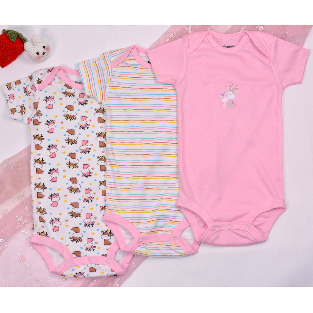 Reindeer Mama and Baby Theme Bodysuits Short Sleeves 3 Pcs Pack