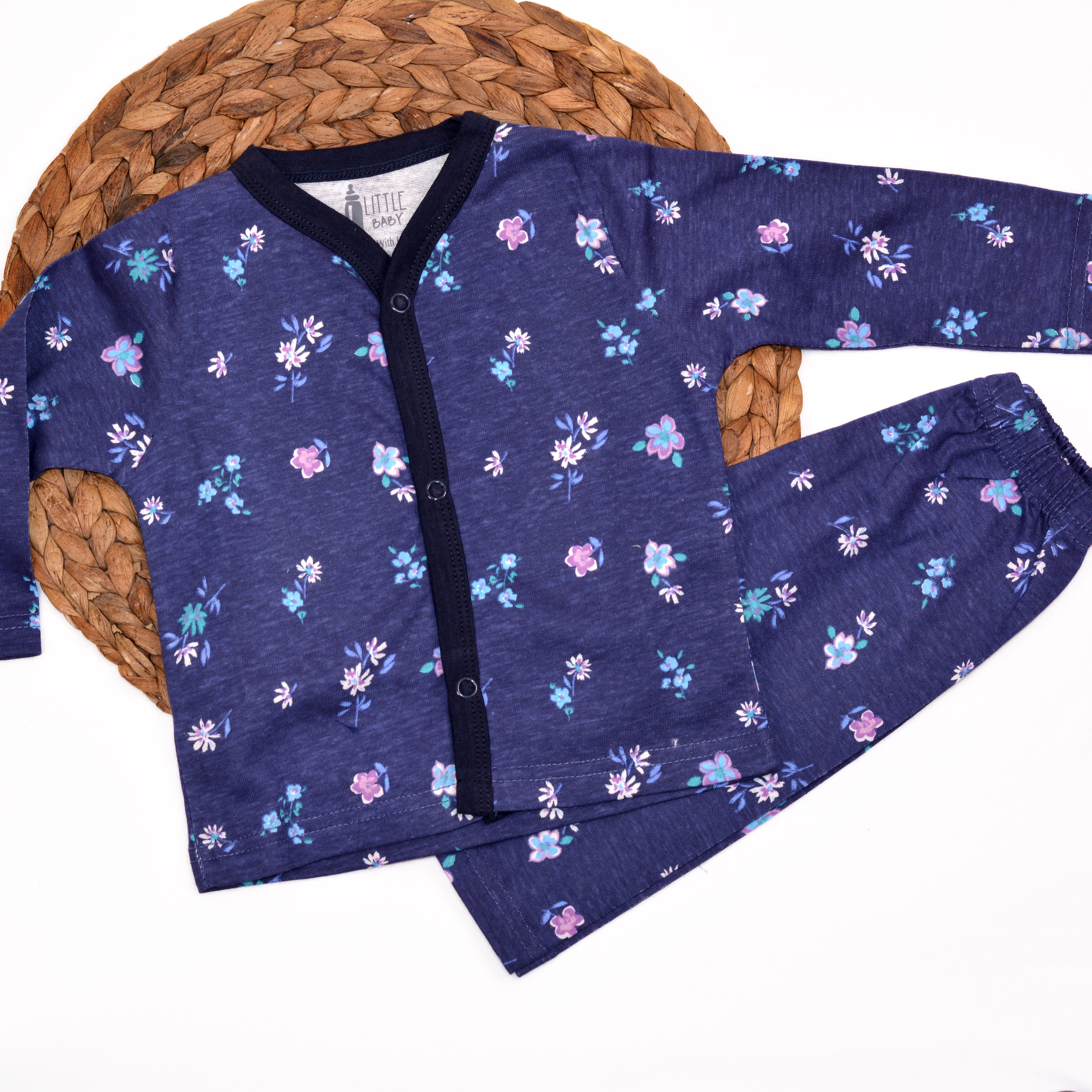 Blue Flower Printed Shirt and Pajama Set