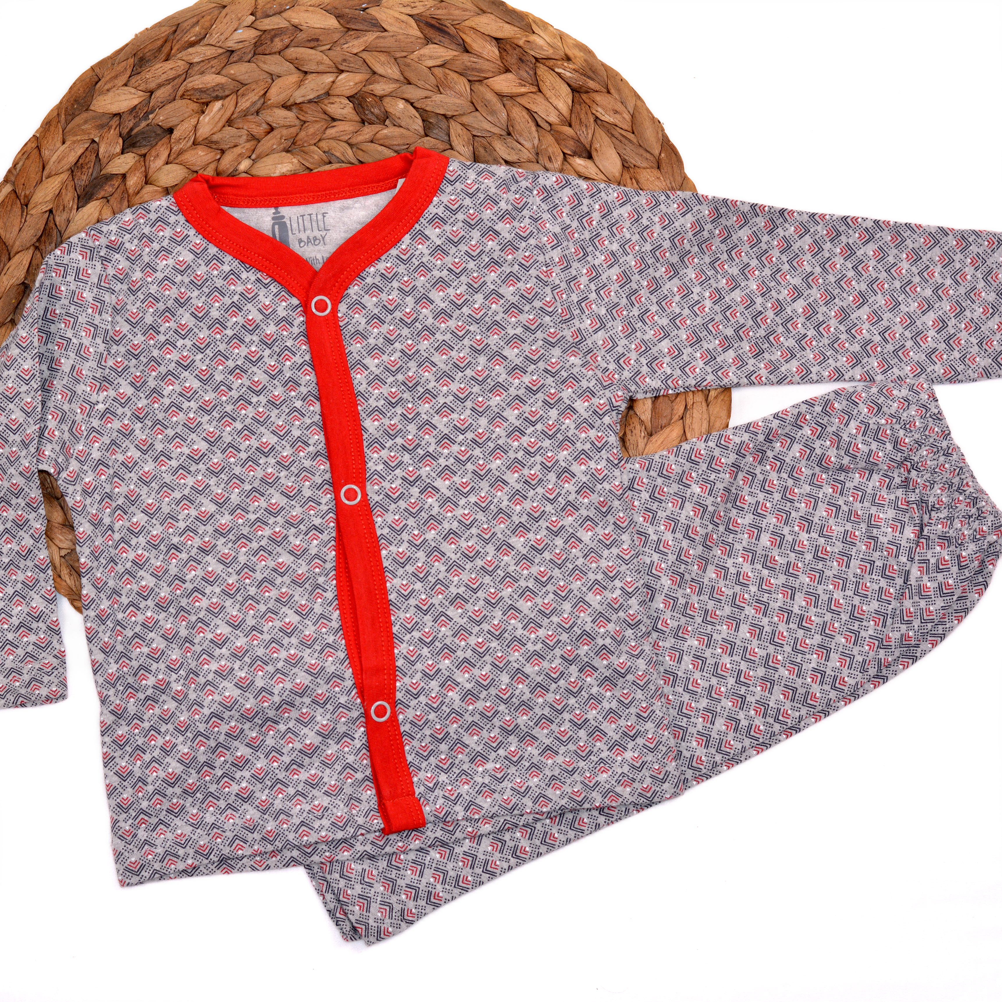 Grey Printed Red Lining Shirt and Pajama Set