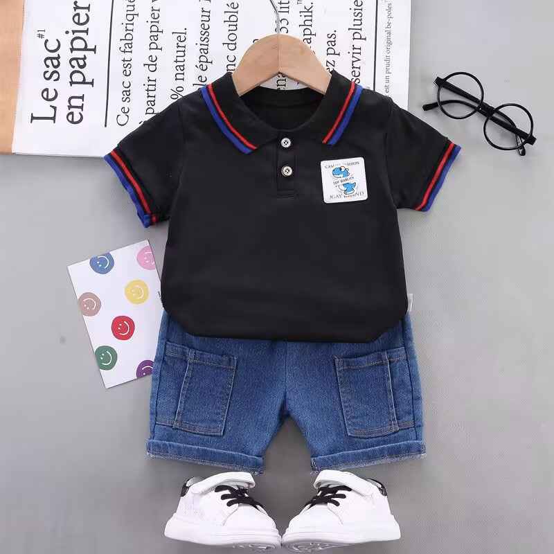 POLO Black Shirt Short-Sleeved with Denim Shorts