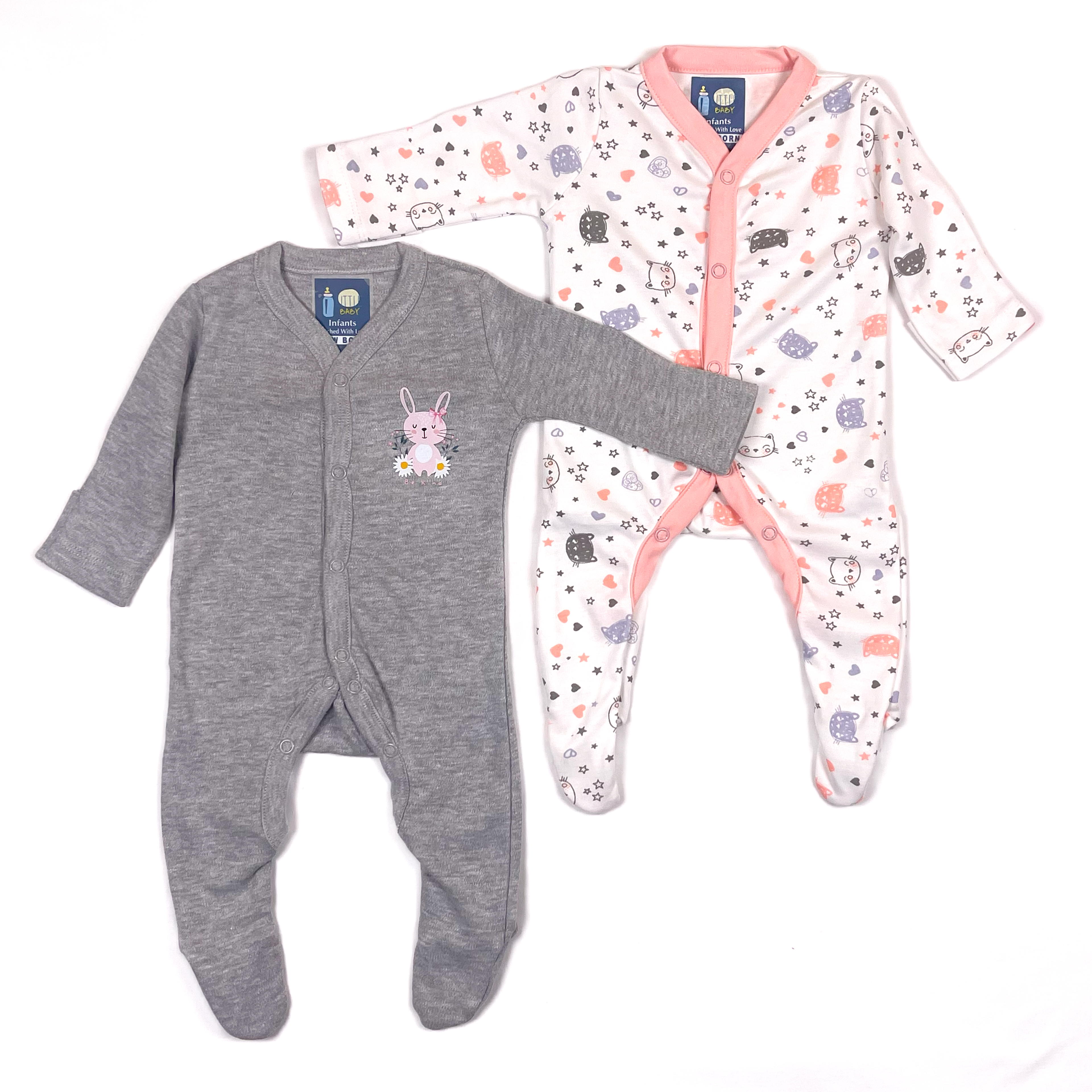 Rabbit Theme Sleepsuits White and Grey 2 Pcs Pack