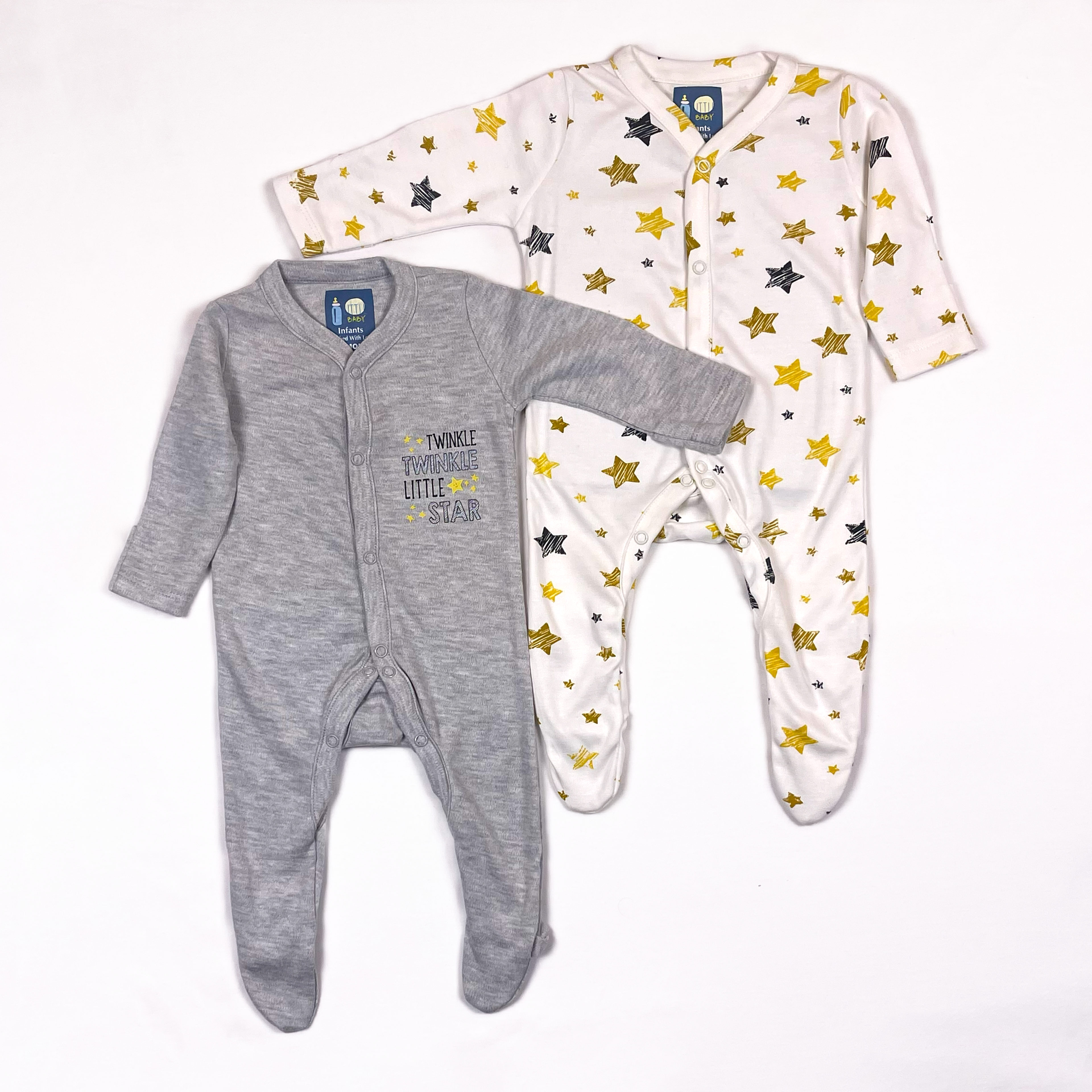 Star Theme Sleepsuits White and Grey 2 Pcs Pack